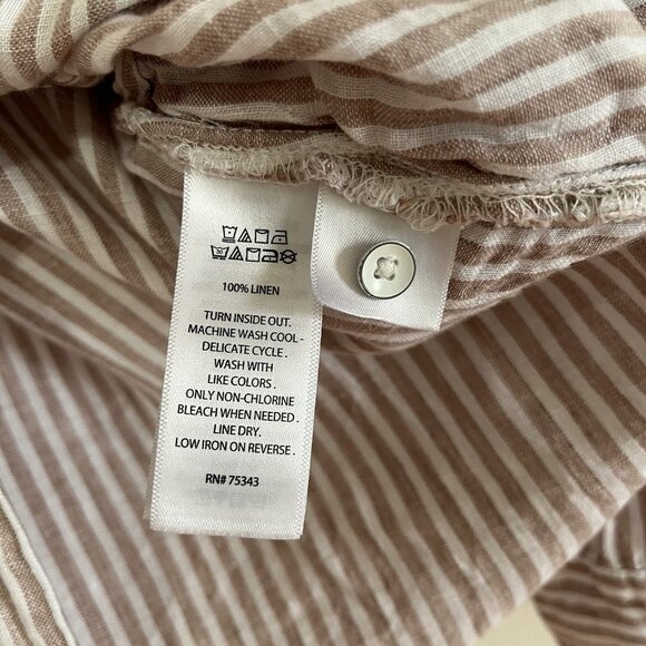 Sigrid Olsen 100% Linen Button Up Tunic Shirt Womens M Tan Striped Lagenlook - Picture 10 of 13